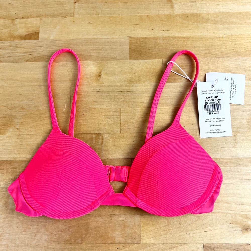 Pepper Bikini Swimsuit Top Lift Up Size 32A Campari Pink Ribbed Underwire New